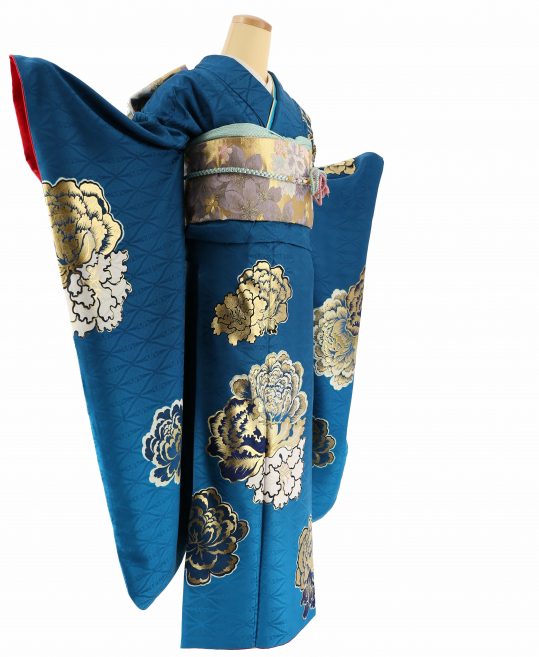 成人式振袖[Vサンク×aoi]青に金白の箔で牡丹[身長165cmまで]No.1053